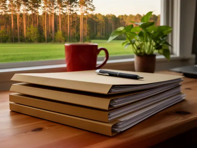 A neat stack of closed manila folders and a pen on a desk by a window.